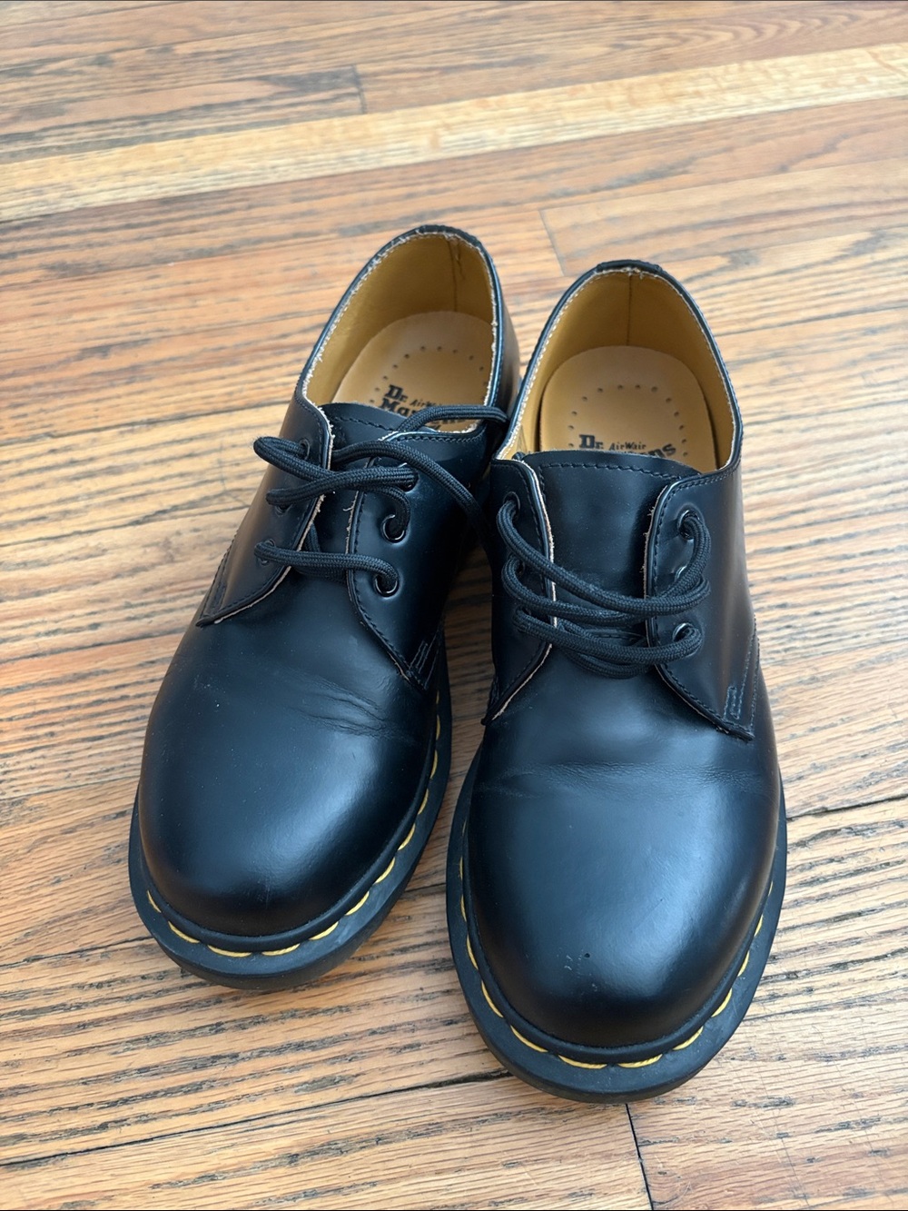 Dr. Martens Black Leather Lace-Up Shoes with Yellow Stitching
